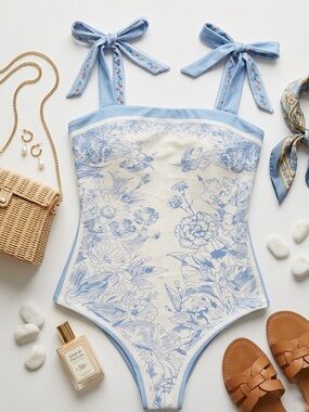 NWOT Reversible One-Piece Tummy Control Swimsuit 2XL Floral & Toile Blue Cream